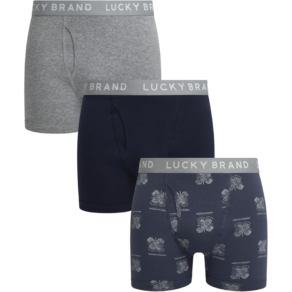 image:imageLucky Brand Mens Underwear Boxer Briefs 3 Pack Soft Cotton Blend Boxers for Men with Functional Fly Pouch 6 InseamHeather GreyVintage Indigo PrintMood Indigo
