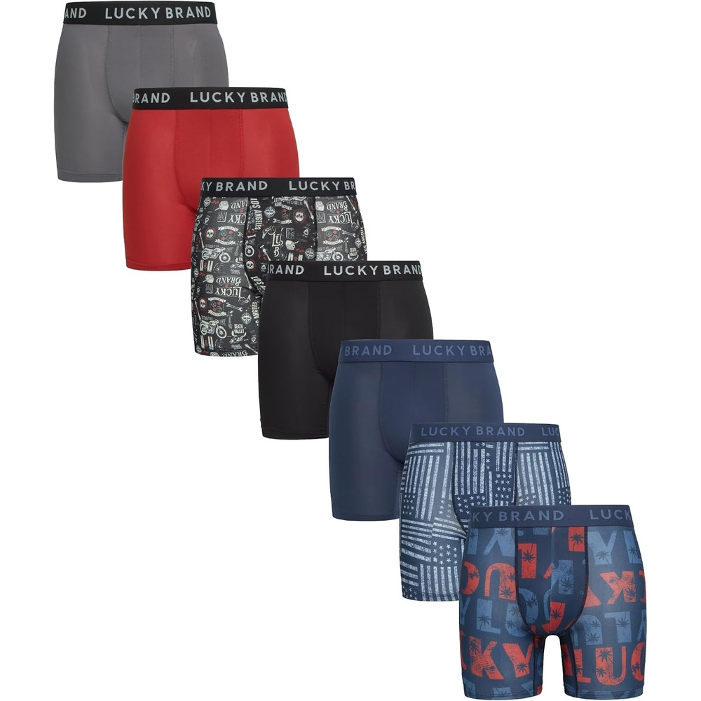 image:imageLucky Brand Mens Underwear Boxer Briefs 7 Pack Soft Stretch TagFree BoxersPrintsMood IndigoBlackBarn RedMedium Grey