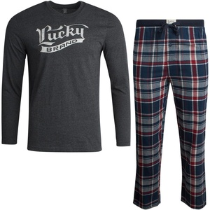 Lucky Brand Mens Pajama Set Long Sleeve Tee and Pajama Pants, 30” Inseam(Charcoal Heather/Moonlit Ocean Plaid)