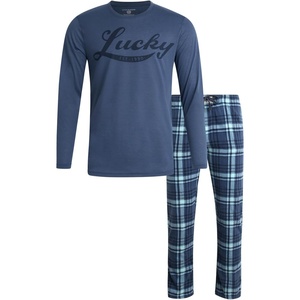 Lucky Brand Mens Pajama Set Long Sleeve Tee and Pajama Pants, 30” Inseam(Vintage Indigo/Vintage Indigo Print)